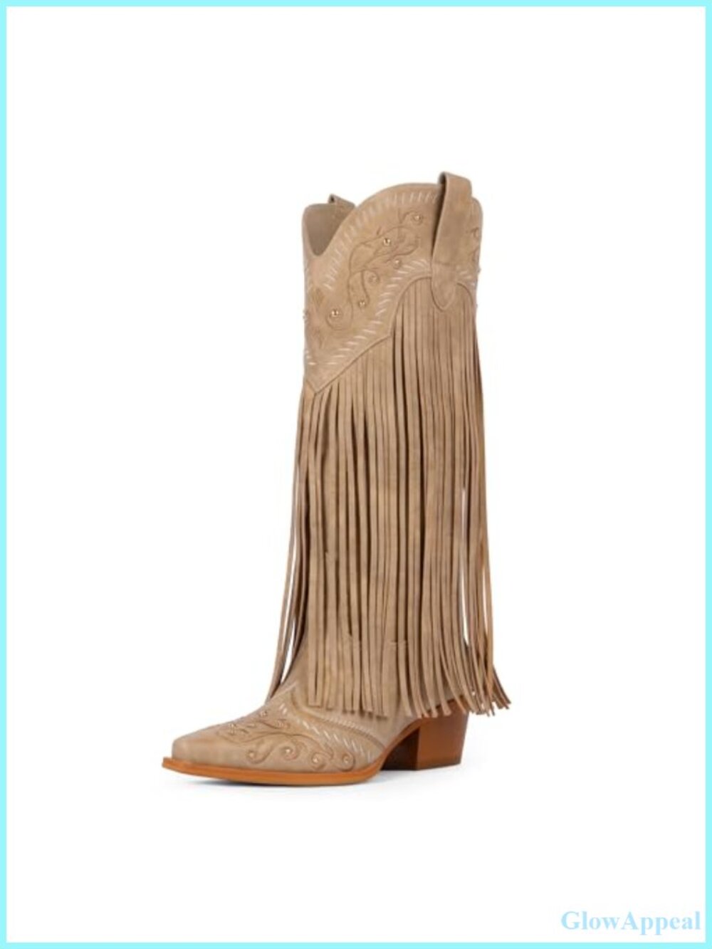 Knee High Cowboy Boots Faux Leather Pointed Toe Block Heel Fringe
